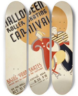 Triptych art skateboard deck of Martin Weitzman Halloween Roller Skating Carnival by Martin Weitzman (20-)