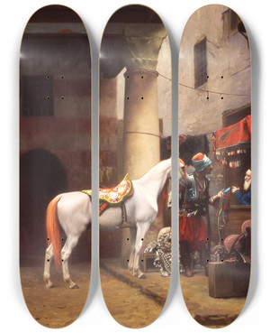 Triptych art skateboard deck of Jeanlon Grme The Saddle Bazaar Cairo by Jean-Lon Grme (1824-1904)