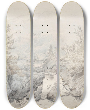 Triptych art skateboard deck of Hans Gude Landskap Med Elv by Hans Gude (1825-1903)