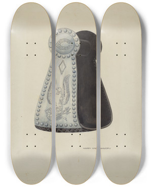 Triptych art skateboard deck of Eva Fox And Harry Mann Waddell Sultans Stirrup by Eva Fox And Harry Mann Waddell