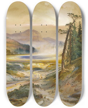 Triptych art skateboard deck of Thomas Moran Excelsior Geyser Yellowstone Park by Thomas Moran (1837-1926)