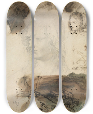 Triptych art skateboard deck of Edgar Degas Sheet Of Studies And Sketches by Edgar Degas (1834-1917)