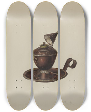 Triptych art skateboard deck of Palmyra Pimentel Sperm Oil Lamp by Palmyra Pimentel