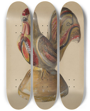 Triptych art skateboard deck of Mina Lowry Chalkware Rooster by Mina Lowry (1894-1942)
