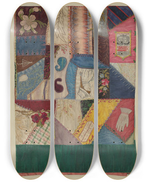 Triptych art skateboard deck of Mina Greene Crazy Quilt Section Of by Mina Greene