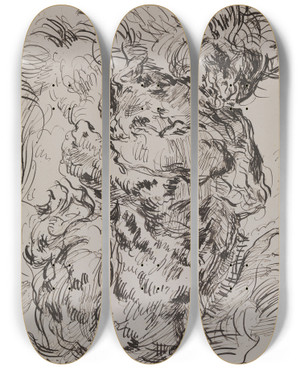 Triptych art skateboard deck of James Ensor Lion And Tiger In Combat by James Ensor (1860-1949)