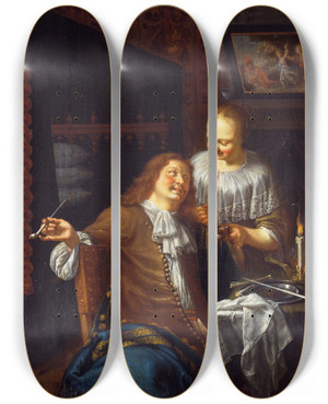 Triptych art skateboard deck of Jan Van Mieris Lady And Cavalier by Jan Van Mieris (1660-1690)