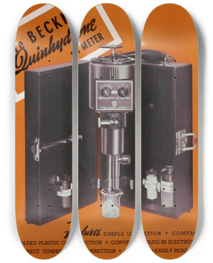 Triptych art skateboard deck of Beckman Instruments Beckman Quinhydrone Ph Meter by Beckman Instruments (20-)