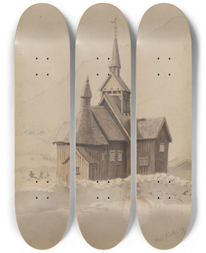 Triptych art skateboard deck of Adolph Tidemand Nes Kirke by Adolph Tidemand (1814-1876)