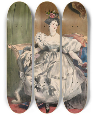 Triptych art skateboard deck of Achille Devria 4 Heures Du Soir Mlle Laure Deveria From Les Dixhuit Heures Dune Parisienne by Achille Deveria (1800-1857)