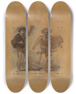 Triptych art skateboard deck of Robert Smirke Malvolio Dancing by Robert Smirke (1752-1845)