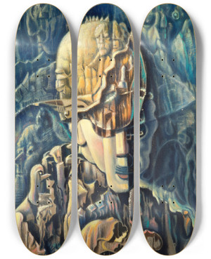 Triptych art skateboard deck of Benjamin F Berlin Surreal Portrait by Benjamin F Berlin (1887-1939)