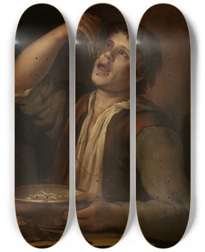 Triptych art skateboard deck of Jan Vermeer Van Utrecht Boy Eating Pods by Jan Vermeer van Utrecht (1630-1696)