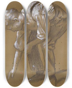 Triptych art skateboard deck of Hans Thoma A Man Bending Over by Hans Thoma (1839-1924)
