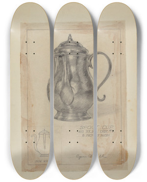 Triptych art skateboard deck of Eugene Barrell Silver Spout Cup by Eugene Barrell