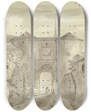 Triptych art skateboard deck of Domenico Quaglio The Younger Altes Stadttor Mit Zwei Trmen by Domenico Quaglio The Younger (1787-1837)