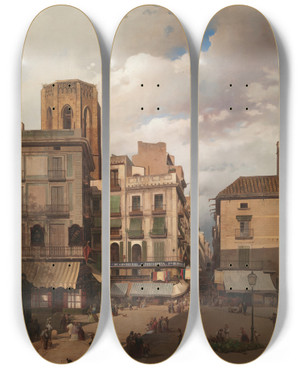 Triptych art skateboard deck of Aquiles Batiztutzzi Pla De La Boqueria by Aquiles Batiztutzzi (1865-1891)