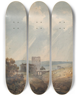 Triptych art skateboard deck of Thomas Sully Landscape With Castle Hills And Mountains by Thomas Sully (1783-1872)