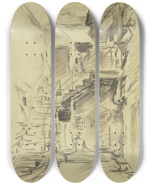 Triptych art skateboard deck of Anton Burger Small Farmstead With Steep Stairs by Anton Burger (1824-1905)