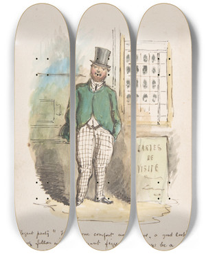 Triptych art skateboard deck of John Leech Comic Sketch by John Leech (1817-1864)