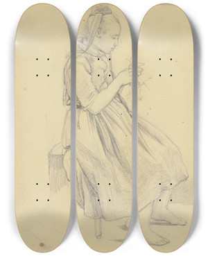 Triptych art skateboard deck of Jakob Becker Strickendes Mdchen In Tracht by Jakob Becker (1810-1872)