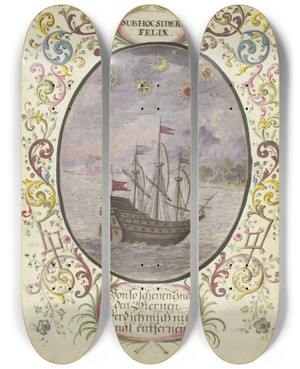 Triptych art skateboard deck of Johann Esaias Nilson In Einem Oval Ein Schiff by Johann Esaias Nilson (1721-1788)