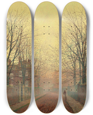 Triptych art skateboard deck of John Atkinson Grimshaw An Autumn Lane_1 by John Atkinson Grimshaw (1836-1893)
