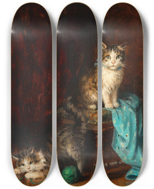 Triptych art skateboard deck of Jules Le Roy Kittens Playing The Model by Jules Le Roy