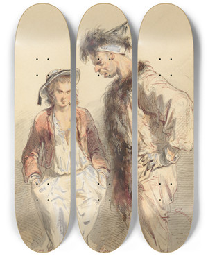 Triptych art skateboard deck of Paul Gavarni Et Pas Le Sou Pour Souper by Paul Gavarni (1804-1866)