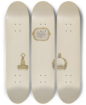 Triptych art skateboard deck of Eliseo Rodriguez Fob Seal by Eliseo Rodriguez