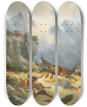 Triptych art skateboard deck of Moritz Mller Gamsjagd by Moritz Melzer (1841-1899)