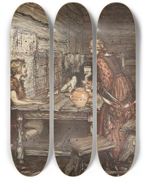 Triptych art skateboard deck of Arthur Rackham Hunding Discovers The Likeness Between Siegmund And Sieglinde by Arthur Rackham (1867-1939)