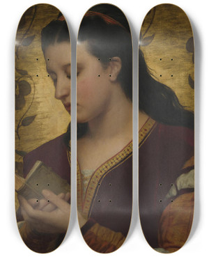 Triptych art skateboard deck of Attilio Baccani Lady Reading A Book by Attilio Baccani (1844-1889)