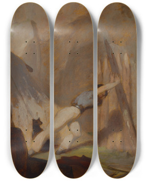 Triptych art skateboard deck of Thomas Sully Building A Shelter by Thomas Sully (1783-1872)
