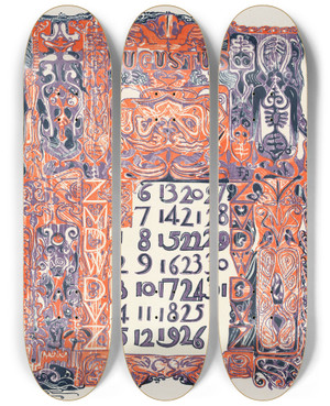 Triptych art skateboard deck of Carel Adolph Lion Cachet Kalenderblad Augustus 1899 by Carel Adolph Lion Cachet (1864-1945)