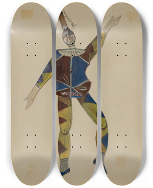 Triptych art skateboard deck of Mina Lowry Dancing Doll Harlequin by Mina Lowry (1894-1942)
