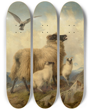 Triptych art skateboard deck of Richard Ansdell An Unwelcome Visitor by Richard Ansdell (1815-1885)