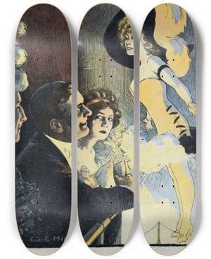 Triptych art skateboard deck of William Ely Hill A Modern Tantalus by William Ely Hill (1887-1962)