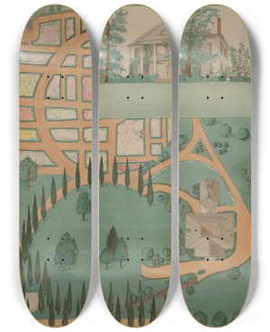 Triptych art skateboard deck of Virginia Richards Jumel Mansion by Virginia Richards