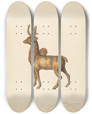 Triptych art skateboard deck of Carl Buergerniss Childs Saving Bank Deer by Carl Buergerniss (20-)