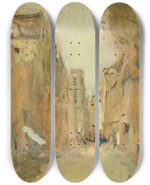 Triptych art skateboard deck of Frank Edwin Scott Rue San Jacques Paris by Frank Edwin Scott (1863-1929)