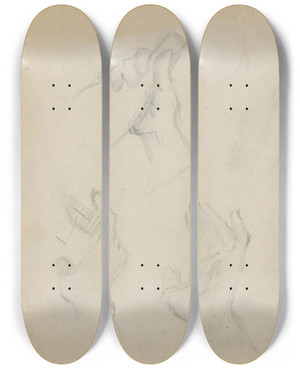 Triptych art skateboard deck of Gustv Mall Hands Study And Hands Holding A Bottle by Gustav Mally (1879-1952)