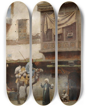 Triptych art skateboard deck of Charles Sprague Pearce Apottery Seller In Old Cairo by Charles Sprague Pearce (1851-1914)