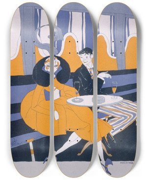 Triptych art skateboard deck of Ralph Barton He I Propose Dinner She Materialist by Ralph Barton (1891-1931)