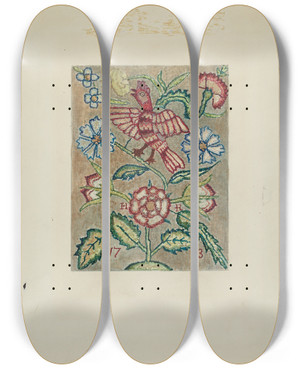Triptych art skateboard deck of Ella Josephine Sterling Sampler by Ella Josephine Sterling