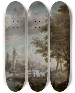 Triptych art skateboard deck of Jacobus Storck River Town by Jacobus Storck (1641-1687)