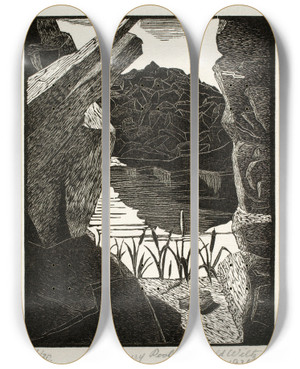 Triptych art skateboard deck of Arnold Wiltz Quarry Pool by Arnold Wiltz (1889-1937)