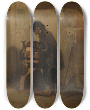 Triptych art skateboard deck of Alexandregabriel Decamps The Scissors Sharpener by Alexandre-Gabriel Decamps (1803-1860)