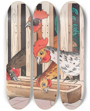 Triptych art skateboard deck of Lothar Meggendorfer The Chickens by Lothar Meggendorfer (1847-1925)