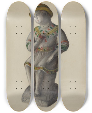 Triptych art skateboard deck of Mina Lowry Pa German Chalkware Shepherd Boy by Mina Lowry (1894-1942)